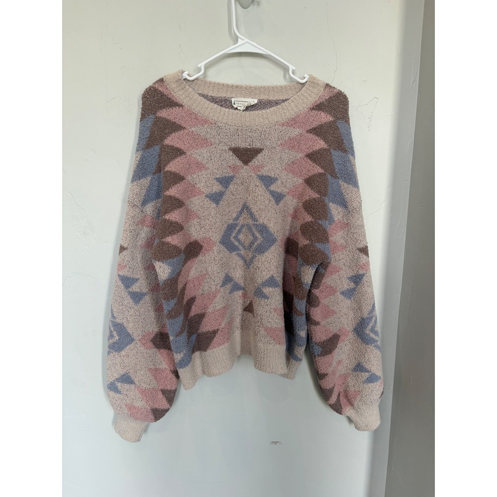 Loveriche Womens Southwestern Geometric Fuzzy Popcorn Knit Sweater Pink Blue L
